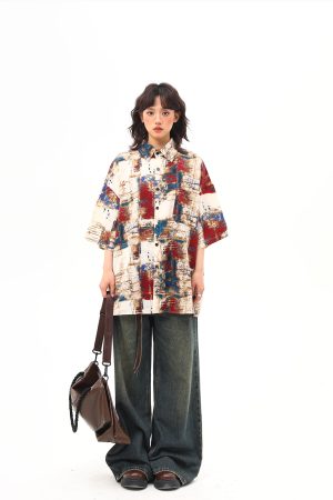 Vintage Splatter Design Short Sleeve Shirt for Women | Retro American Style, Trendy 90s Aesthetic Fashion Top