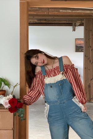 Vintage Spring Garden Off-Shoulder Checkered Long Sleeve Shirt for Women - Lantern Sleeve One-Shoulder Blouse for Spring Summer