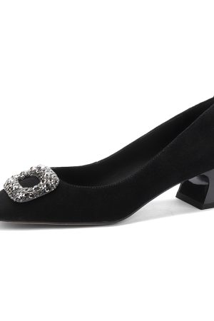 Vintage Square Buckle Rhinestone Square-Toe Loafers for Women - Chunky Heel Suede Sheepskin Footwear, Italian Style Fashion