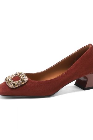 Vintage Square Buckle Rhinestone Square-Toe Loafers for Women - Chunky Heel Suede Sheepskin Footwear, Italian Style Fashion