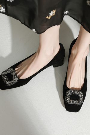 Vintage Square Buckle Rhinestone Square-Toe Loafers for Women - Chunky Heel Suede Sheepskin Footwear, Italian Style Fashion