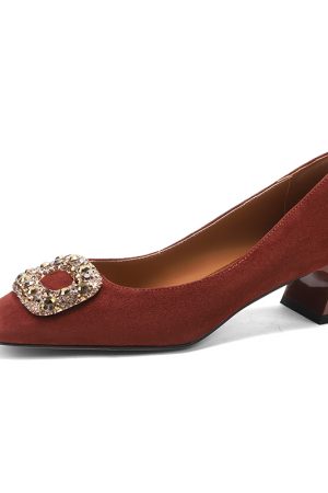 Vintage Square Buckle Rhinestone Square-Toe Loafers for Women - Chunky Heel Suede Sheepskin Footwear, Italian Style Fashion