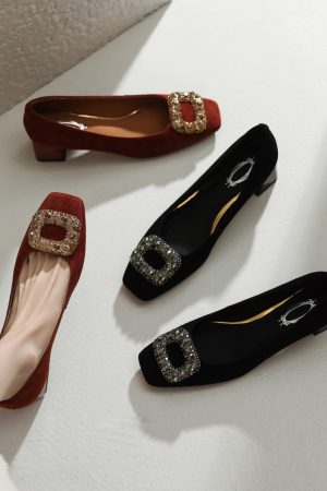 Vintage Square Buckle Rhinestone Square-Toe Loafers for Women - Chunky Heel Suede Sheepskin Footwear, Italian Style Fashion