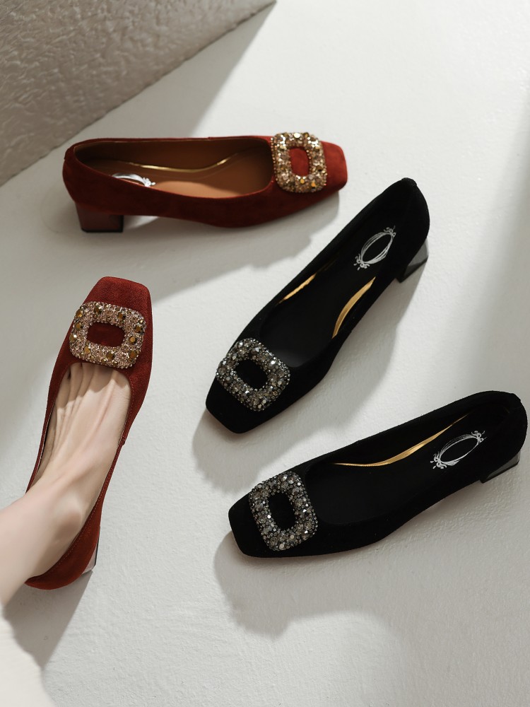 Vintage Square Buckle Rhinestone Square-Toe Loafers for Women - Chunky Heel Suede Sheepskin Footwear, Italian Style Fashion Vintage Square Buckle Rhinestone Square-Toe Loafers for Women - Chunky Heel Suede Sheepskin Footwear, Italian Style Fashion