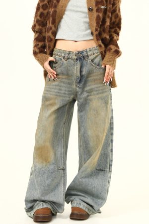 Vintage Straight-Leg Jeans for Men and Women - Dirty Wash Unisex American Retro Loose Wide-Leg Pants - Y2K Style Fashion