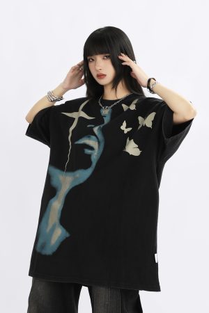 Vintage Street Portrait Printed Oversized T-Shirt for Men and Women | Unisex American Streetwear | 90s Inspired Loose Fit Tee