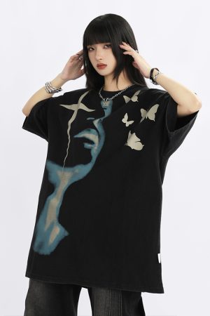 Vintage Street Portrait Printed Oversized T-Shirt for Men and Women | Unisex American Streetwear | 90s Inspired Loose Fit Tee