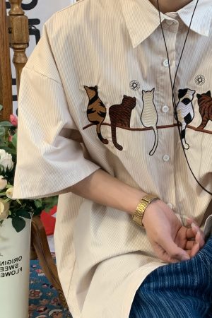 Vintage Striped Cat Embroidery Shirt - Trendy Summer Retro Top for Couples, Short Sleeve, Hong Kong Style, Casual 90s Fashion