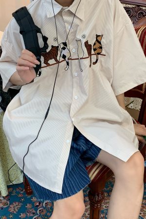 Vintage Striped Cat Embroidery Shirt - Trendy Summer Retro Top for Couples, Short Sleeve, Hong Kong Style, Casual 90s Fashion