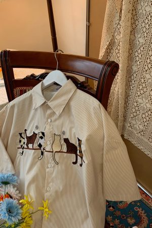 Vintage Striped Cat Embroidery Shirt - Trendy Summer Retro Top for Couples, Short Sleeve, Hong Kong Style, Casual 90s Fashion