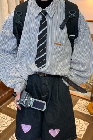 Vintage Striped Long Sleeve Shirt for Men and Women - Versatile Loose Fit Tie Top for Spring and Autumn, Y2K American Style