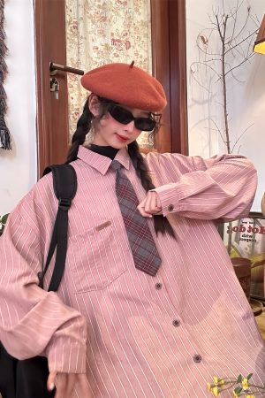 Vintage Striped Long Sleeve Shirt for Men and Women - Versatile Loose Fit Tie Top for Spring and Autumn, Y2K American Style