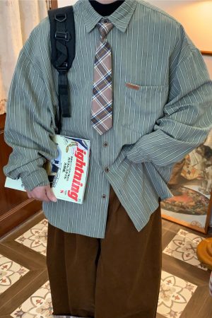 Vintage Striped Long Sleeve Shirt for Men and Women - Versatile Loose Fit Tie Top for Spring and Autumn, Y2K American Style