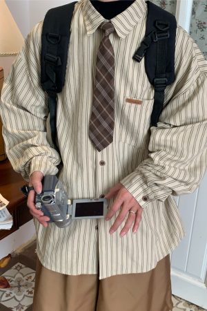 Vintage Striped Long Sleeve Shirt for Men and Women - Versatile Loose Fit Tie Top for Spring and Autumn, Y2K American Style