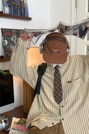 Vintage Striped Long Sleeve Shirt for Men and Women - Versatile Loose Fit Tie Top for Spring and Autumn, Y2K American Style