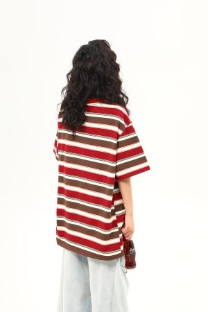 Vintage Striped Sausage Dog Embroidered Short Sleeve T-Shirt for Women - Loose Fit Summer Tee, Casual Style