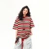 Vintage Striped Sausage Dog Embroidered Short Sleeve T-Shirt for Women - Loose Fit Summer Tee, Casual Style