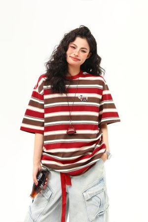 Vintage Striped Sausage Dog Embroidered Short Sleeve T-Shirt for Women - Loose Fit Summer Tee, Casual Style