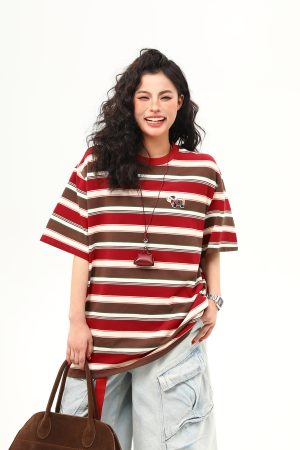 Vintage Striped Sausage Dog Embroidered Short Sleeve T-Shirt for Women - Loose Fit Summer Tee, Casual Style