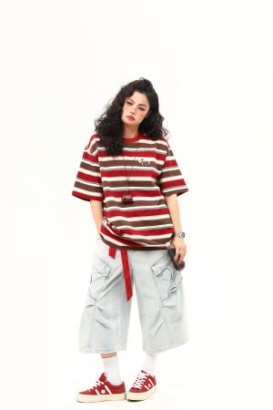 Vintage Striped Sausage Dog Embroidered Short Sleeve T-Shirt for Women - Loose Fit Summer Tee, Casual Style