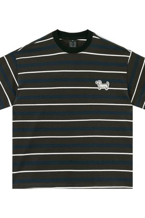 Vintage Striped Short Sleeve T-Shirt for Women with Dog Embroidery - Loose High-Quality Gray Tee, Perfect for Casual Y2K Style