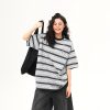 Vintage Striped Short Sleeve T-Shirt for Women with Dog Embroidery - Loose High-Quality Gray Tee, Perfect for Casual Y2K Style