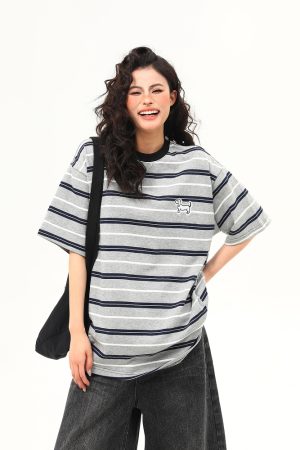 Vintage Striped Short Sleeve T-Shirt for Women with Dog Embroidery - Loose High-Quality Gray Tee, Perfect for Casual Y2K Style