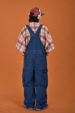 Vintage Style Childlike Retro Workwear Pocket Suspender Pants in Splash Paint Denim - Floor-Length Couple Trendy Fashion Trousers