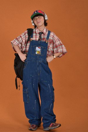 Vintage Style Childlike Retro Workwear Pocket Suspender Pants in Splash Paint Denim - Floor-Length Couple Trendy Fashion Trousers