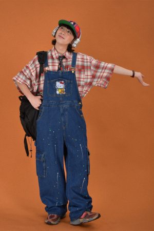 Vintage Style Childlike Retro Workwear Pocket Suspender Pants in Splash Paint Denim - Floor-Length Couple Trendy Fashion Trousers