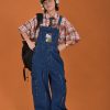 Vintage Style Childlike Retro Workwear Pocket Suspender Pants in Splash Paint Denim - Floor-Length Couple Trendy Fashion Trousers