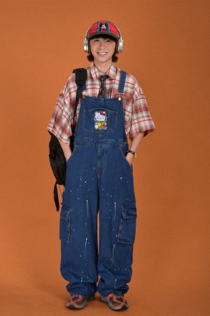 Vintage Style Childlike Retro Workwear Pocket Suspender Pants in Splash Paint Denim - Floor-Length Couple Trendy Fashion Trousers
