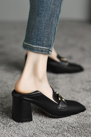Vintage Style High Heels for Women - Square Toe Genuine Leather Flats - 2025 Spring Autumn Collection