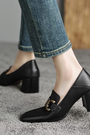 Vintage Style High Heels for Women - Square Toe Genuine Leather Flats - 2025 Spring Autumn Collection
