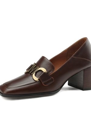 Vintage Style High Heels for Women - Square Toe Genuine Leather Flats - 2025 Spring Autumn Collection