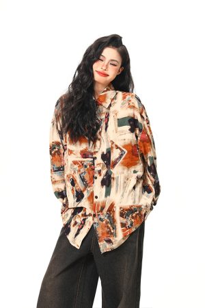 Vintage Style Oil Painting Short Sleeve Shirt for Women - Trendy Loose Fit Summer Top 2025, Boho Aesthetic Fashion