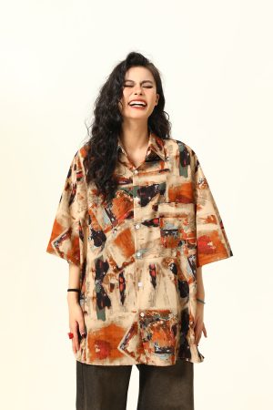 Vintage Style Oil Painting Short Sleeve Shirt for Women - Trendy Loose Fit Summer Top 2025, Boho Aesthetic Fashion