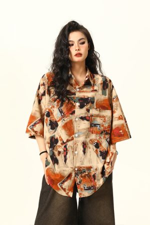 Vintage Style Oil Painting Short Sleeve Shirt for Women - Trendy Loose Fit Summer Top 2025, Boho Aesthetic Fashion