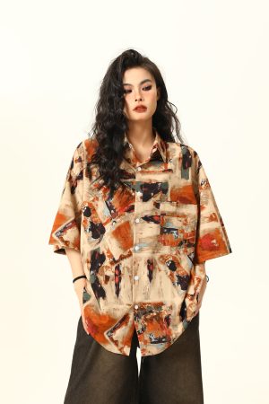 Vintage Style Oil Painting Short Sleeve Shirt for Women - Trendy Loose Fit Summer Top 2025, Boho Aesthetic Fashion