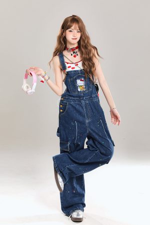 Vintage-Style Women's Denim Overalls - Playful Relaxed Wide-Leg Summer 2025 Fashion for a Youthful Look
