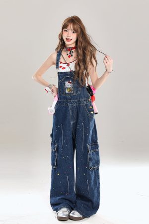 Vintage-Style Women's Denim Overalls - Playful Relaxed Wide-Leg Summer 2025 Fashion for a Youthful Look