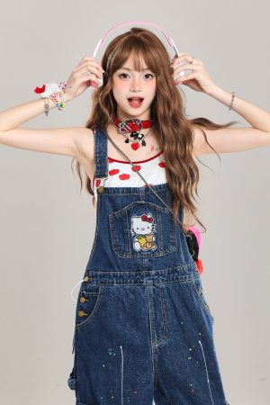 Vintage-Style Women's Denim Overalls - Playful Relaxed Wide-Leg Summer 2025 Fashion for a Youthful Look
