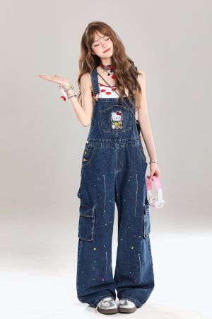 Vintage-Style Women's Denim Overalls - Playful Relaxed Wide-Leg Summer 2025 Fashion for a Youthful Look
