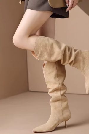 Vintage Suede Pointed Toe Western Cowboy Boots for Women - High Heels, Slouch Design, Y2K Inspired Fashion Footwear