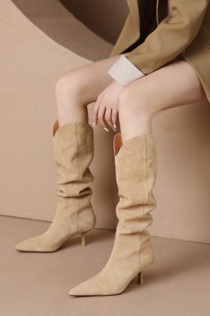 Vintage Suede Pointed Toe Western Cowboy Boots for Women - High Heels, Slouch Design, Y2K Inspired Fashion Footwear