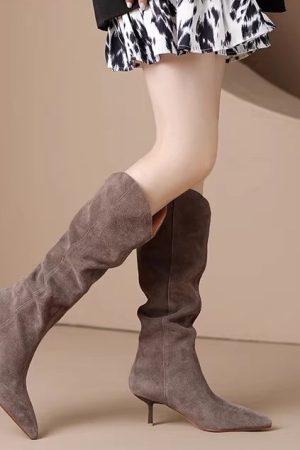 Vintage Suede Pointed Toe Western Cowboy Boots for Women - High Heels, Slouch Design, Y2K Inspired Fashion Footwear