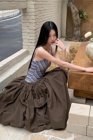 Vintage Summer Striped Spliced Design Faux Two-Piece Long Camisole Dress - Y2K Inspired Fashion