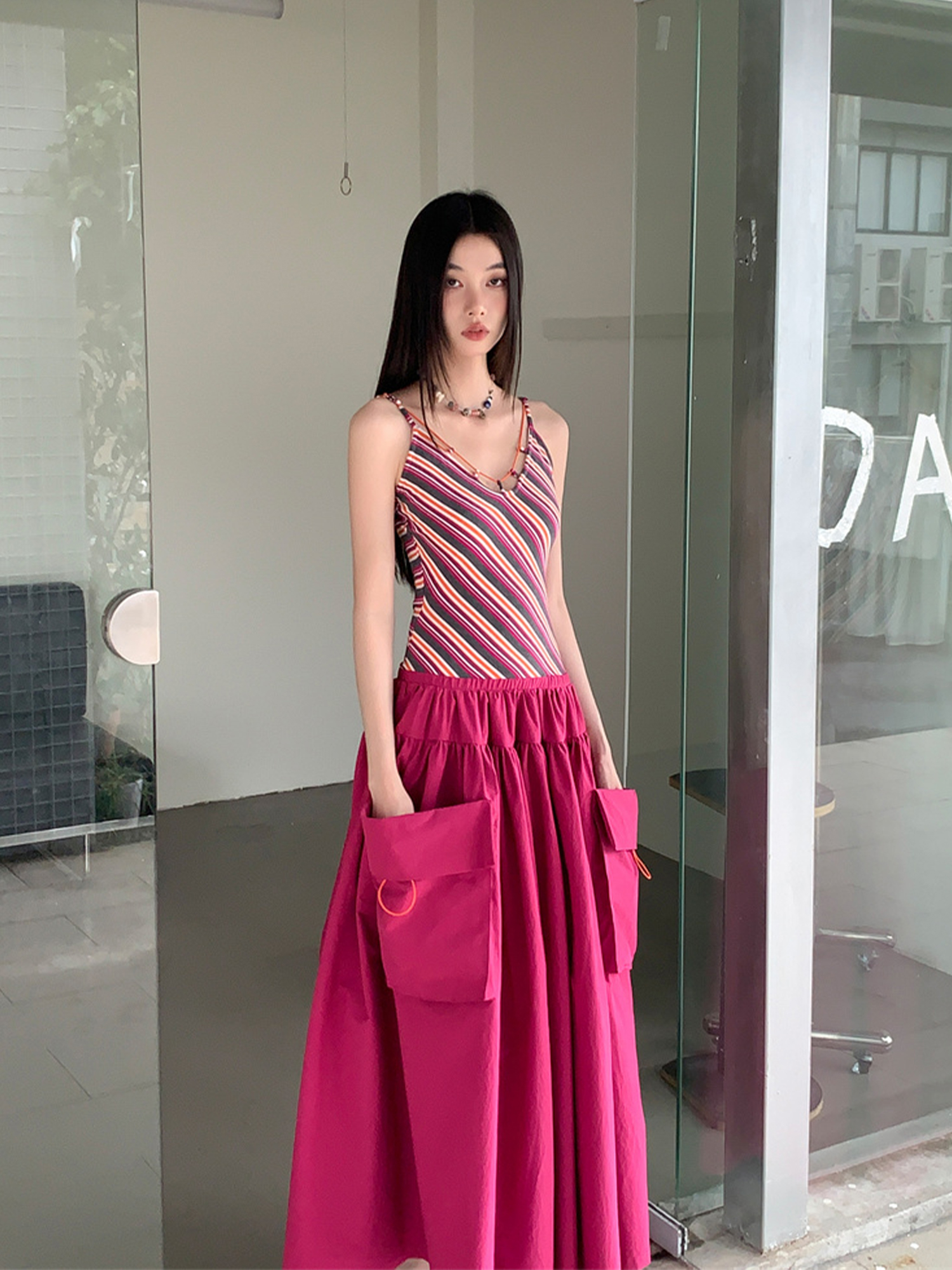 Vintage Summer Striped Spliced Design Faux Two-Piece Long Camisole Dress - Y2K Inspired Fashion Vintage Summer Striped Spliced Design Faux Two-Piece Long Camisole Dress - Y2K Inspired Fashion