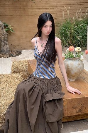 Vintage Summer Striped Spliced Design Faux Two-Piece Long Camisole Dress - Y2K Inspired Fashion