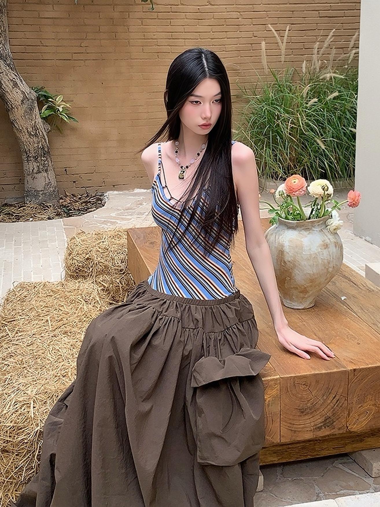 Vintage Summer Striped Spliced Design Faux Two-Piece Long Camisole Dress - Y2K Inspired Fashion Vintage Summer Striped Spliced Design Faux Two-Piece Long Camisole Dress - Y2K Inspired Fashion